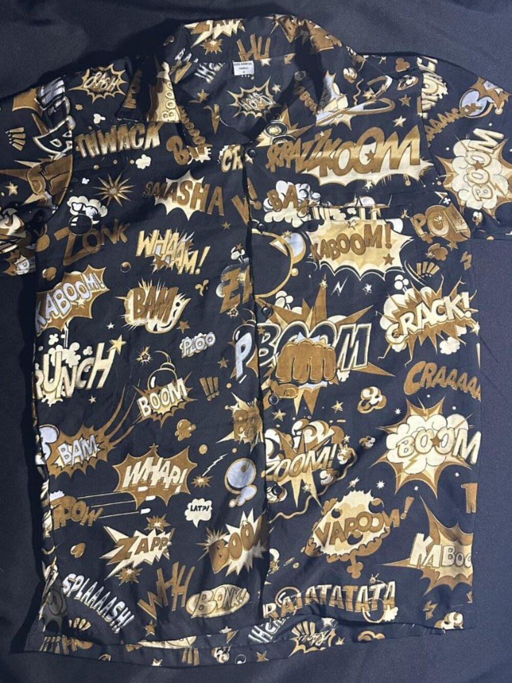 King Kameha Comic Book Pop Art Hawaiian Shirt Black Gold Terivoile Men Small